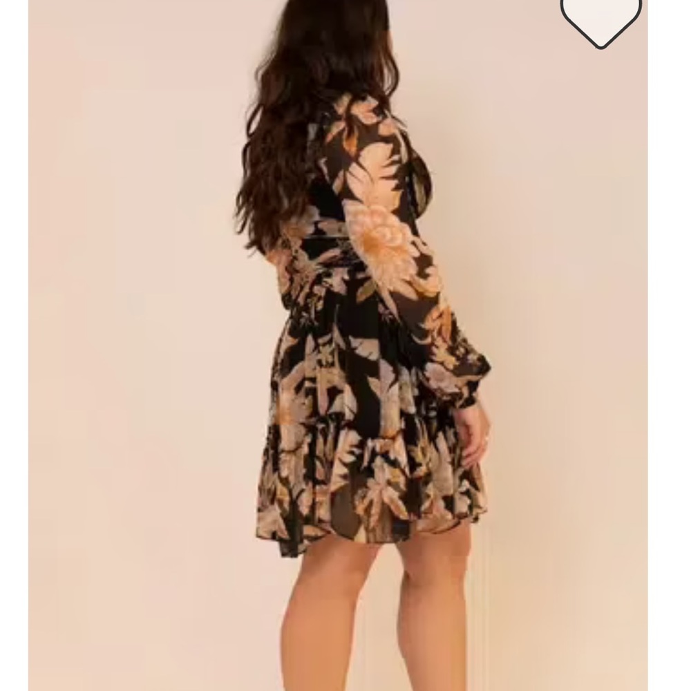 SHEIKE Plunging Neck Sheer Long Sleeve Brown Black Floral Tropical Mini Dress - Picture 11 of 15